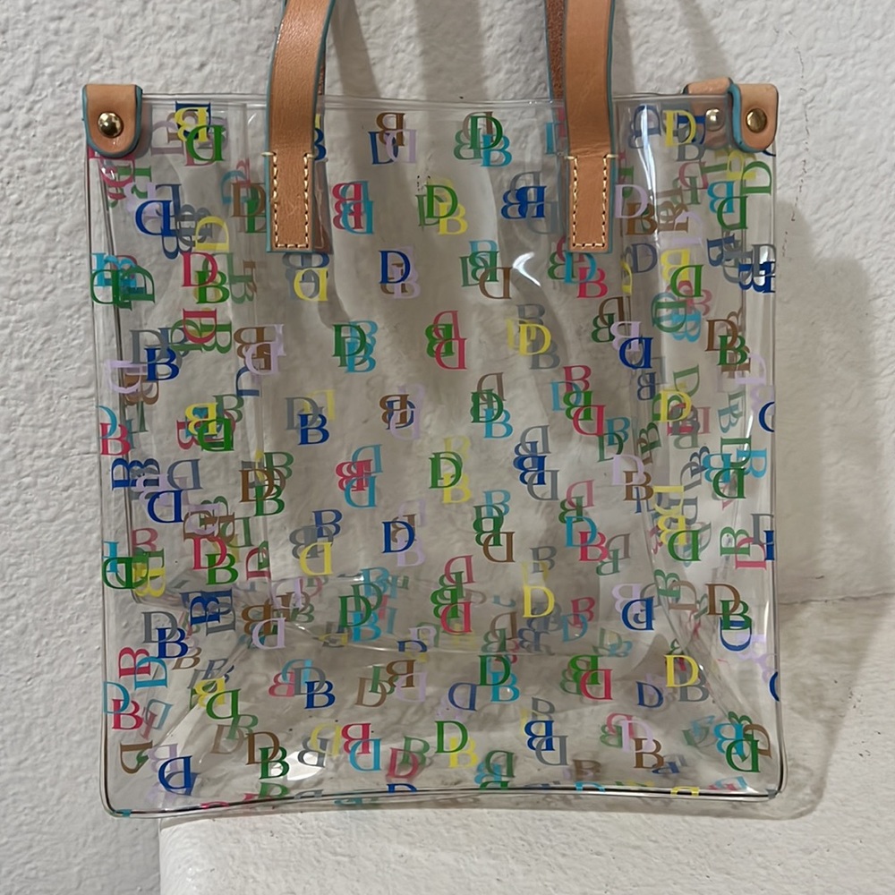 Dooney & Bourke Clear Tote with Multicolor DB Logo and Tan Handles - Picture 3 of 4